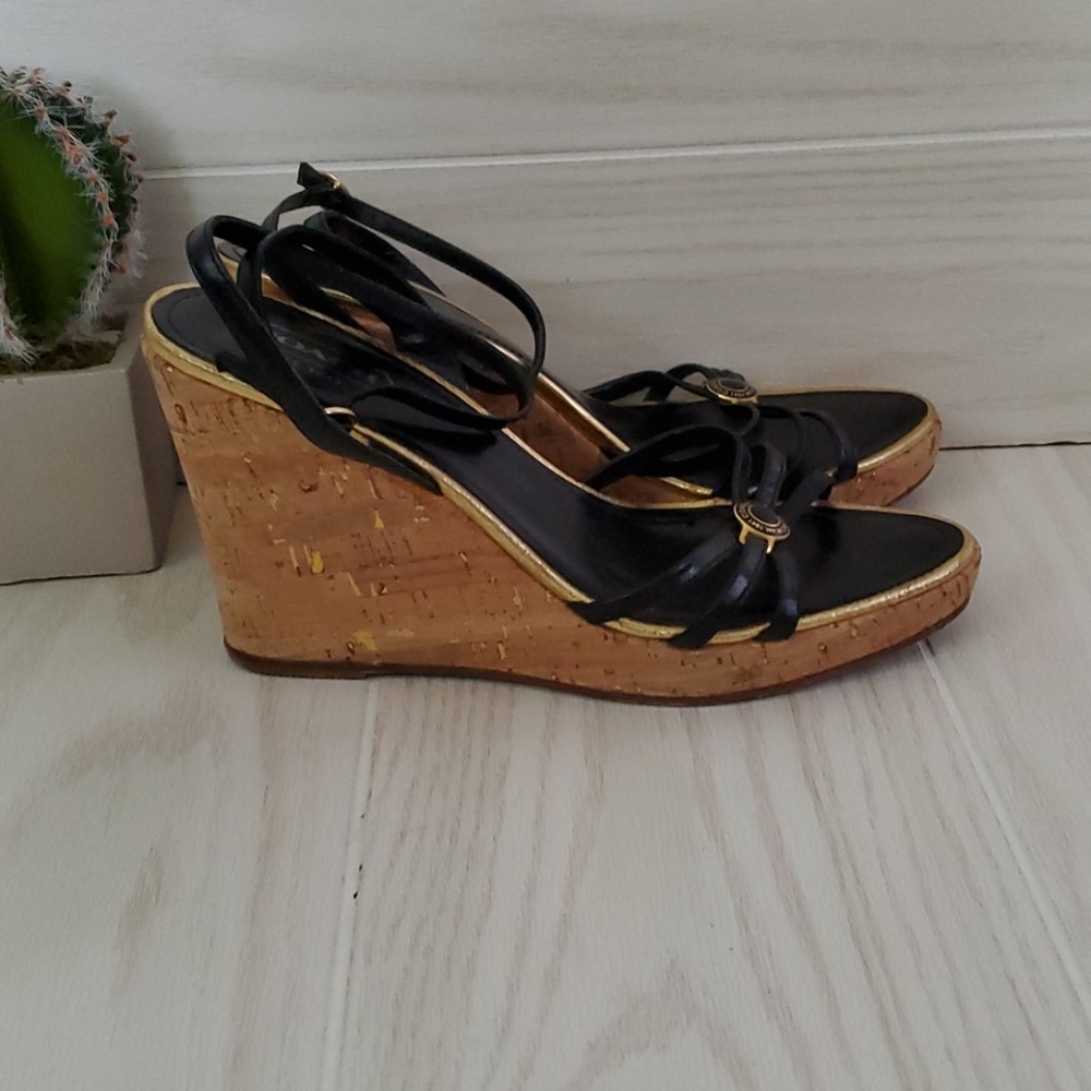 Coach Black Cork Ankle Strap Wedges - Picture 2 of 7